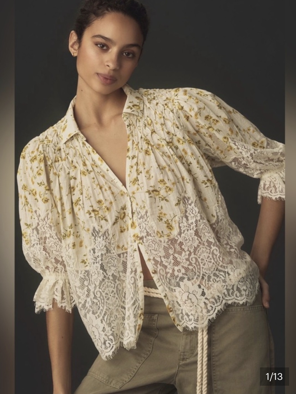 Anthropologie Yellow Floral Victorian Sheer Lace Blouse L Pintick Cropped